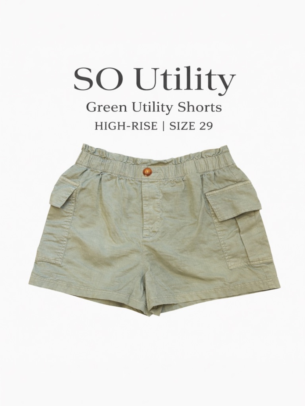 SO Utility High Rise Green Cargo Shorts Size 29 Elastic Waist Summer Shorts